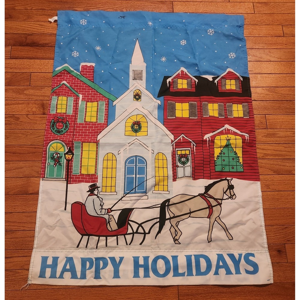 Vintage‎ Happy Holidays Flag 29x40 Horse And Carriage Snow Kitchy Christmas